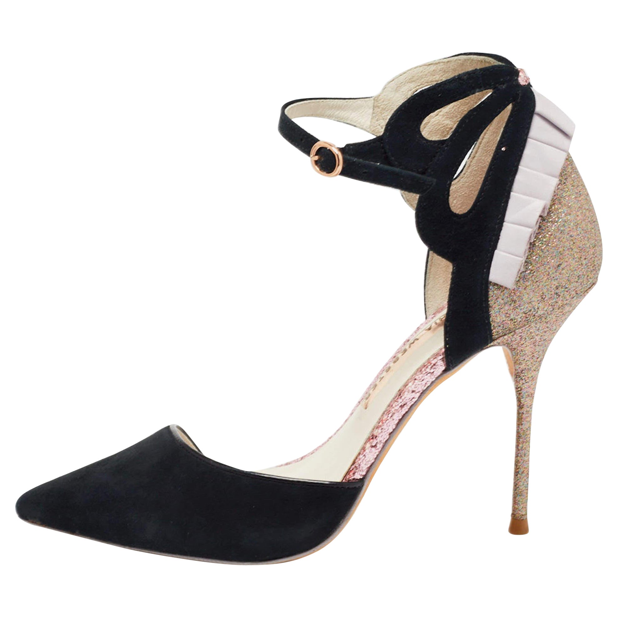 Sophia Webster Black/Metallic Suede & Glitter D'orsay Ankle Strap Pumps Size 37 For Sale