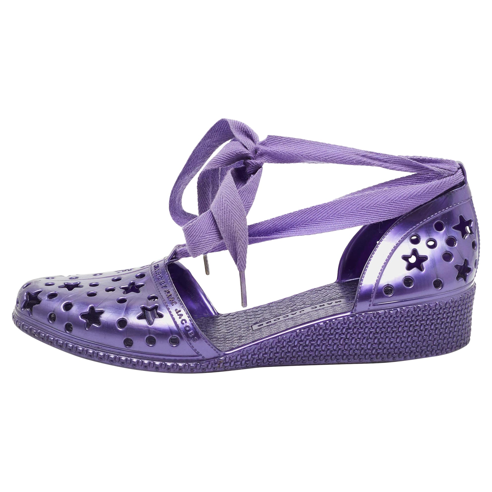 Marc by Marc Jacobs Purple Laser Cut Rubber Ankle Tie Flats Size 37 For Sale