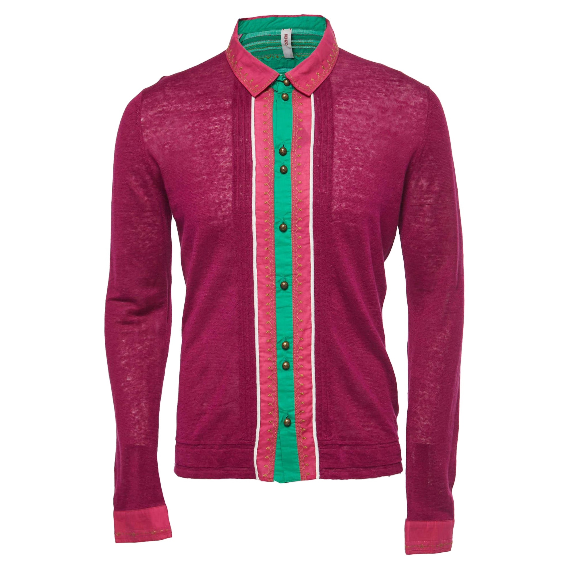 Kenzo Purple/Green Cotton Knit Embroidered Panel Button Front Shirt M For Sale