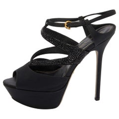 Sandales à plateforme Sergio Rossi en satin et cuir ornées de cristaux, taille 36,5