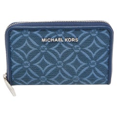 Michael Kors Blue Monogram Jacquard Canvas and Leather Zip Around Card Case