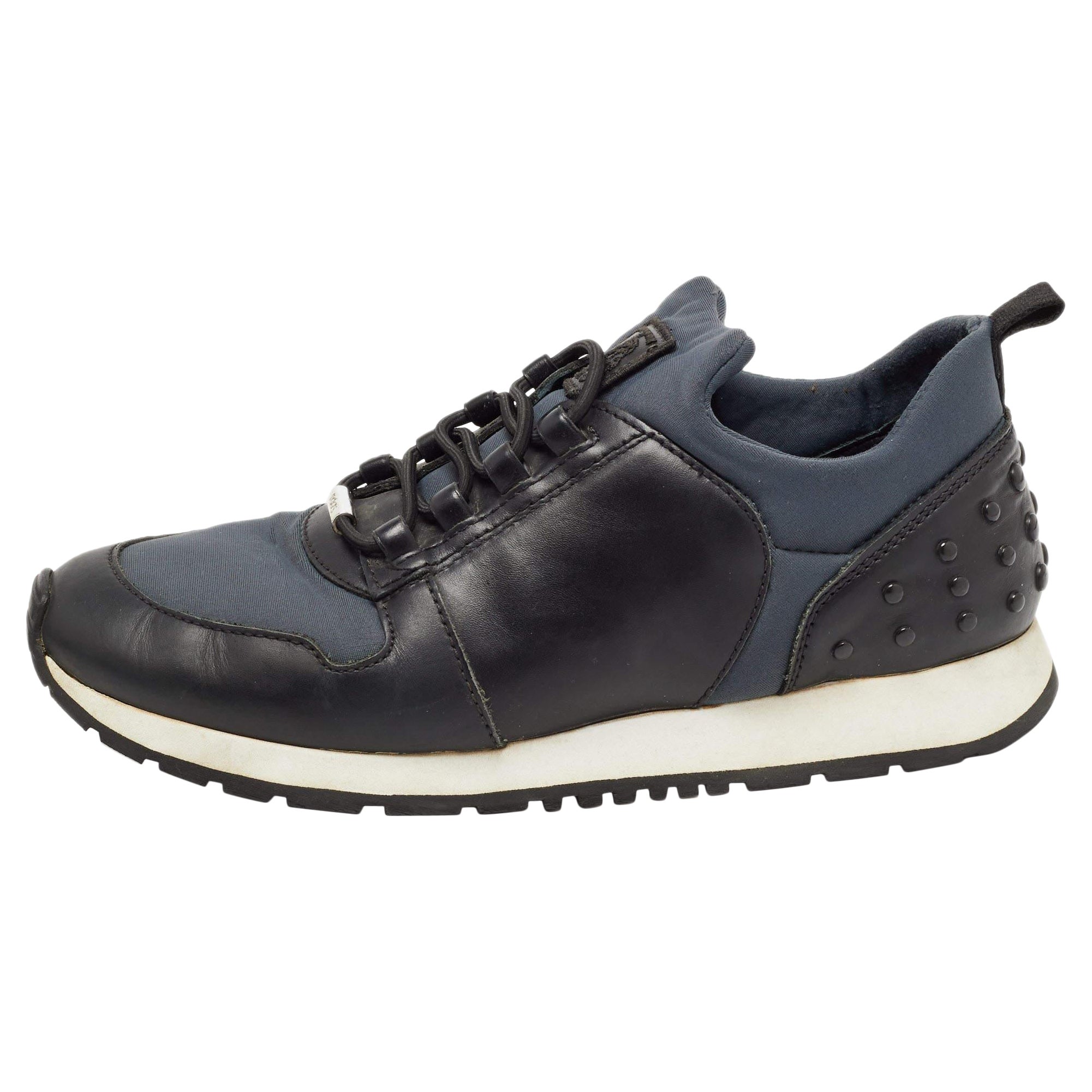 Tod's Black/Blue Leather and Nylon Low Top Sneakers Size 36 For Sale