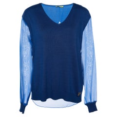 Versace Blue Knit & Chiffon Paneled V-Neck Jumper XXS