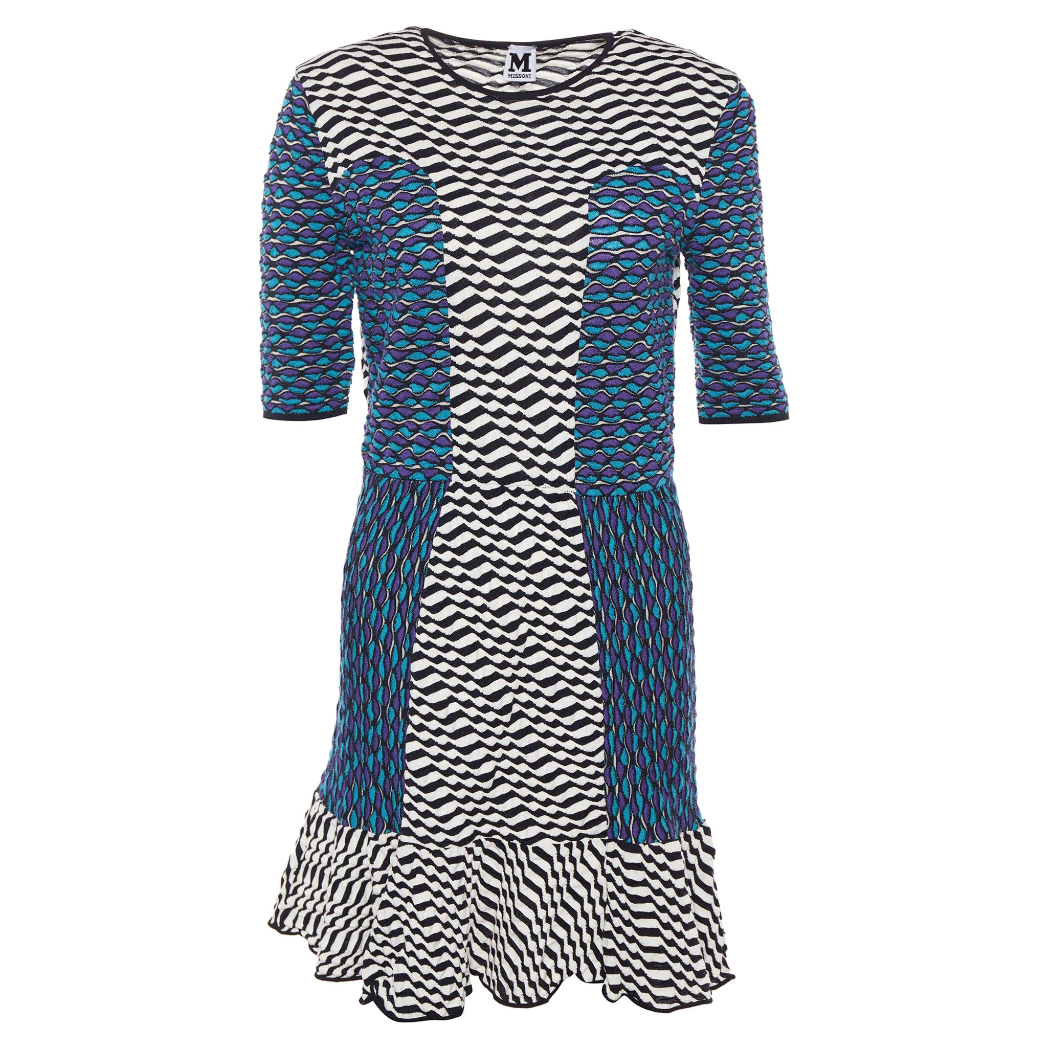 M Missoni Multicolor Patterned Knit Flounce Hem Mini Dress L For Sale
