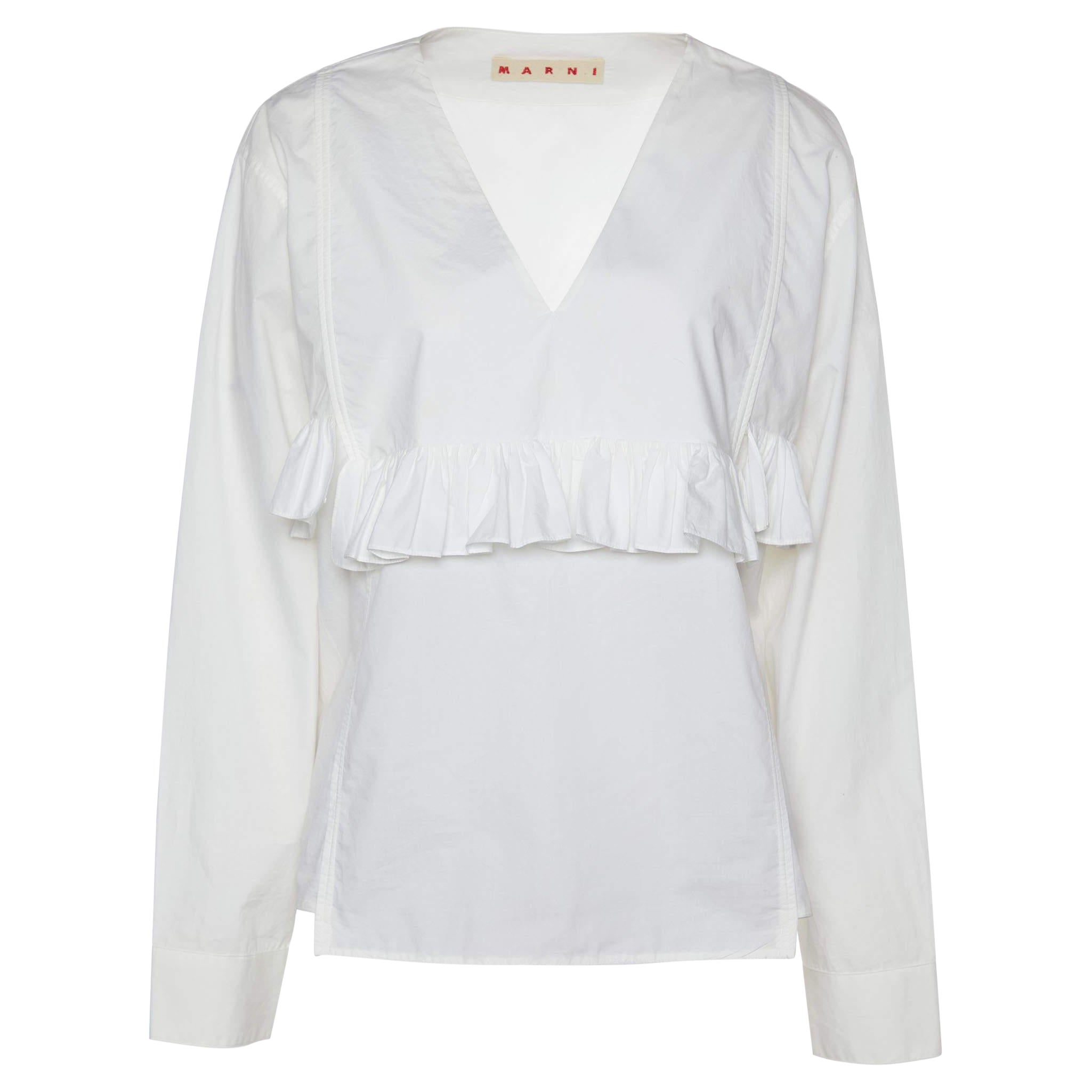 Marni White Cotton Ruffle Detail V-Neck Top L For Sale