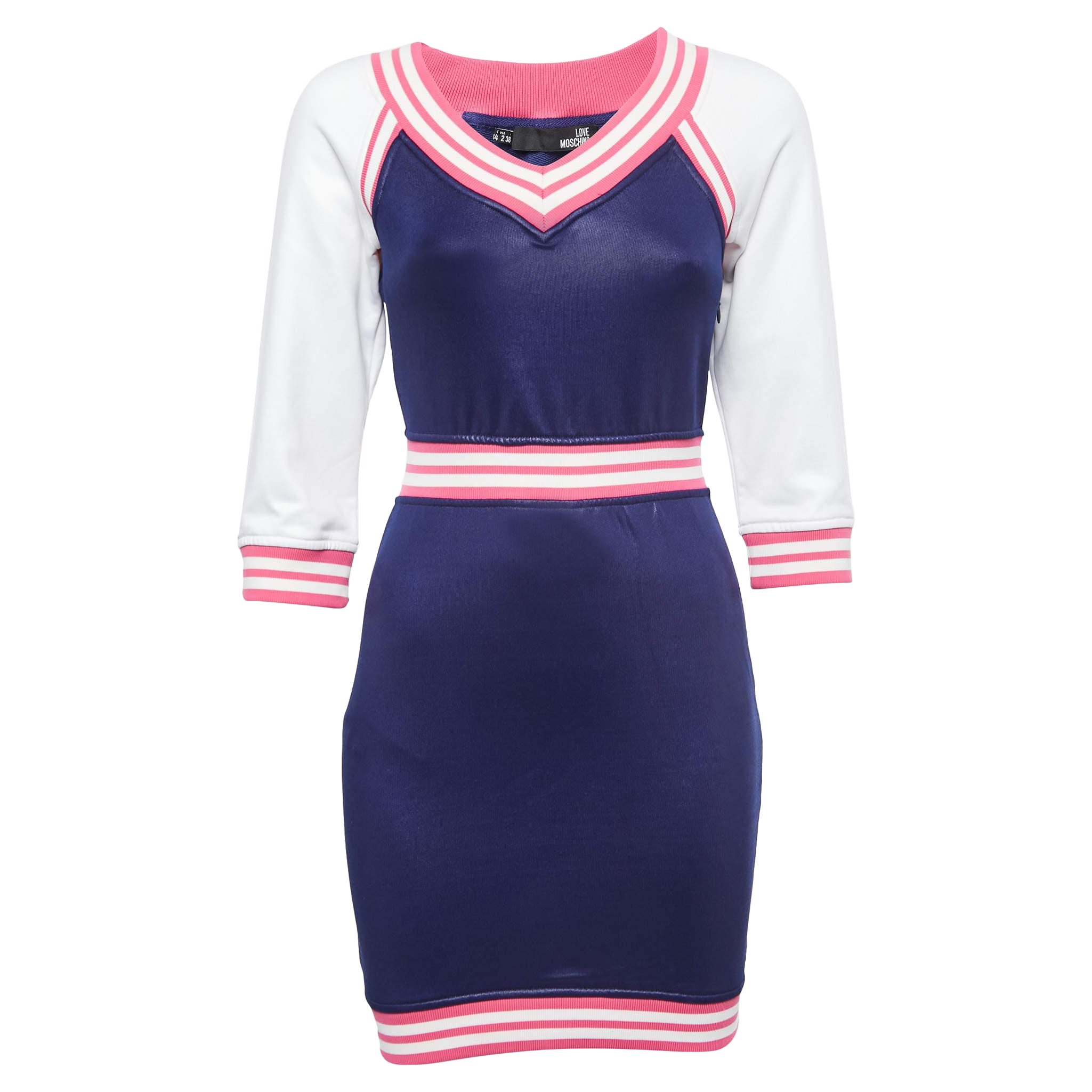 Love Moschino Mini Dress S in jersey blu con bordi a costine a contrasto in vendita