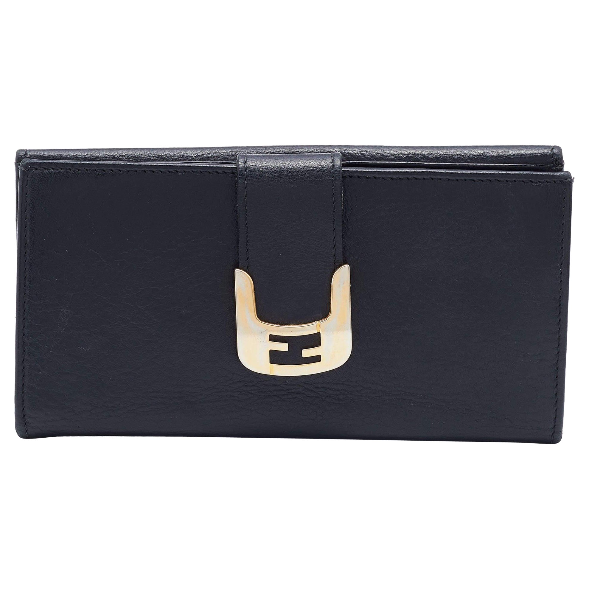 Fendi Black Leather Flap Continental Wallet For Sale