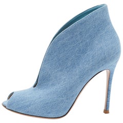 Gianvito Rossi Blue Denim Vamp Peep Toe Booties Size 37.5