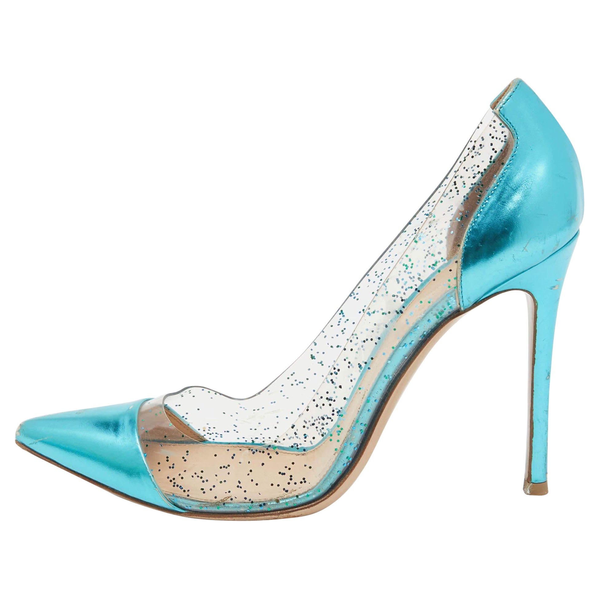 Gianvito Rossi Metallic Blue Leather and Glitter PVC Plexi Pumps Size 38.5 For Sale