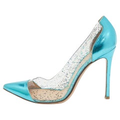 Gianvito Rossi Metallic Blue Leather and Glitter PVC Plexi Pumps Size 38.5