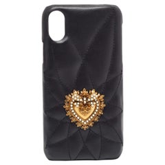 Dolce & Gabbana Schwarzes gestepptes Leder iPhone X Etui mit Heiligem Herz aus Leder