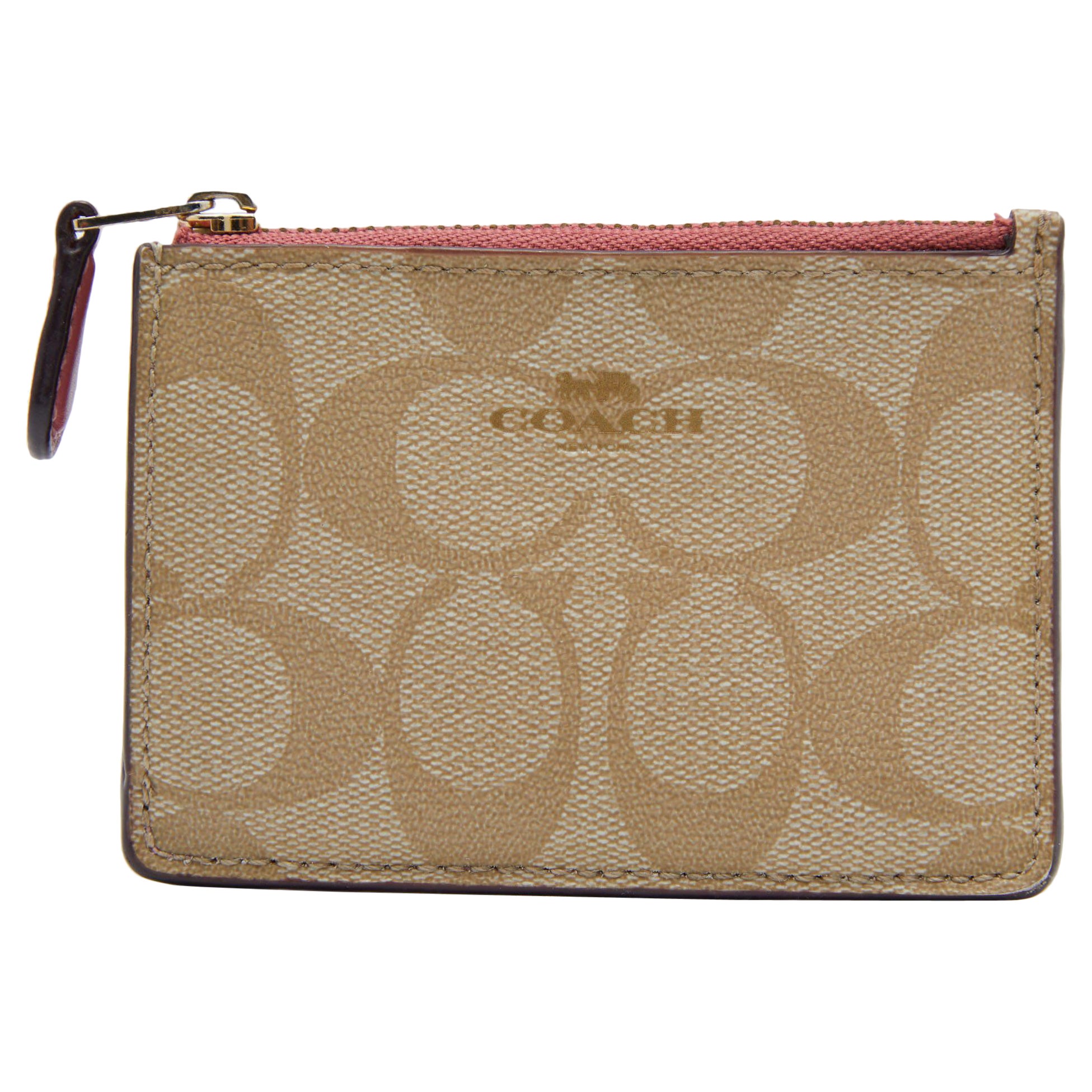 Tarjetero con cremallera Coach Beige/Rosa Signature de lona revestida y piel