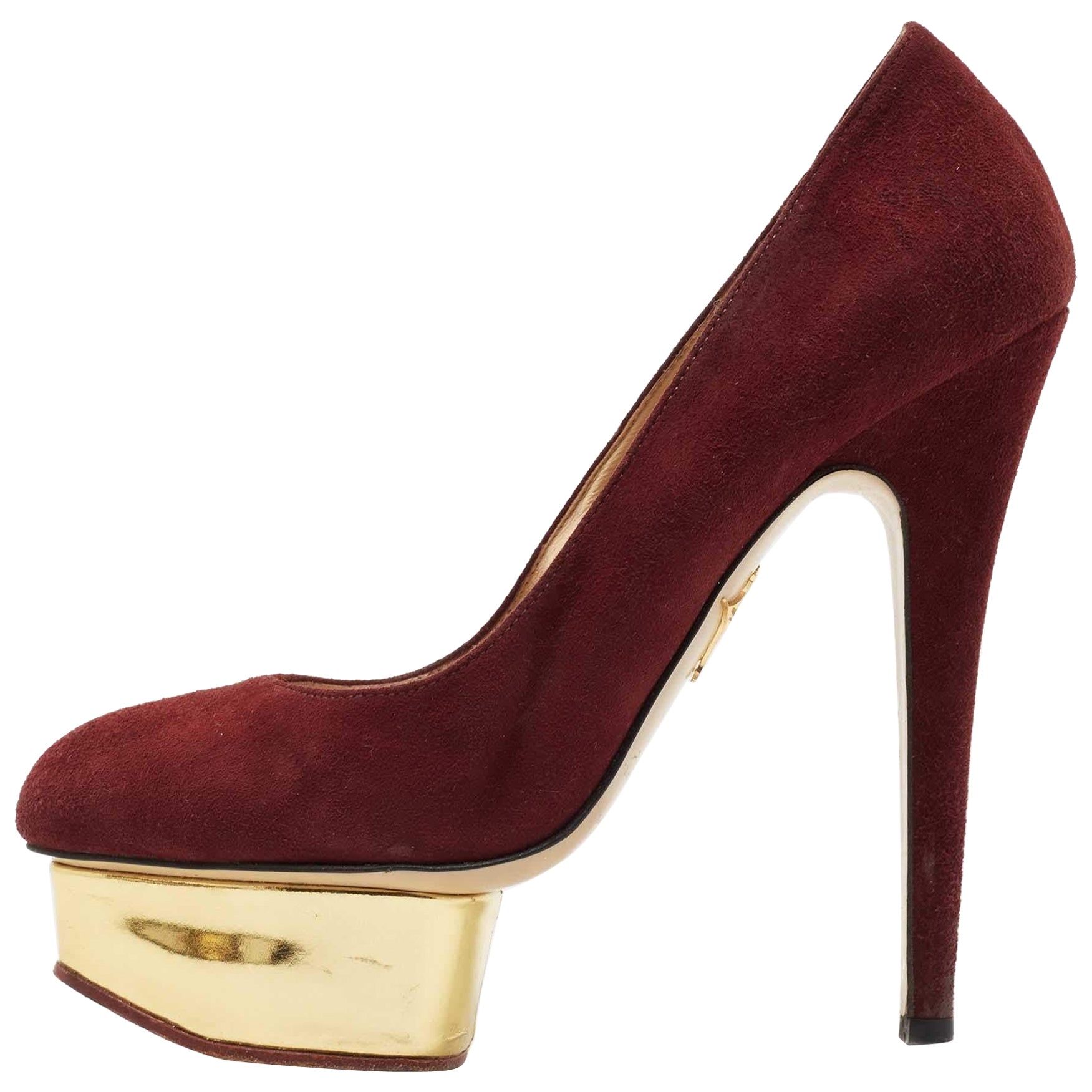 Charlotte Olympia Burgundy Suede Dolly Platform Pumps Size 36.5 For Sale