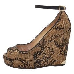 Jimmy Choo Brown/Black Cork and Lace Wedge Ankle Strap Pumps Size 38
