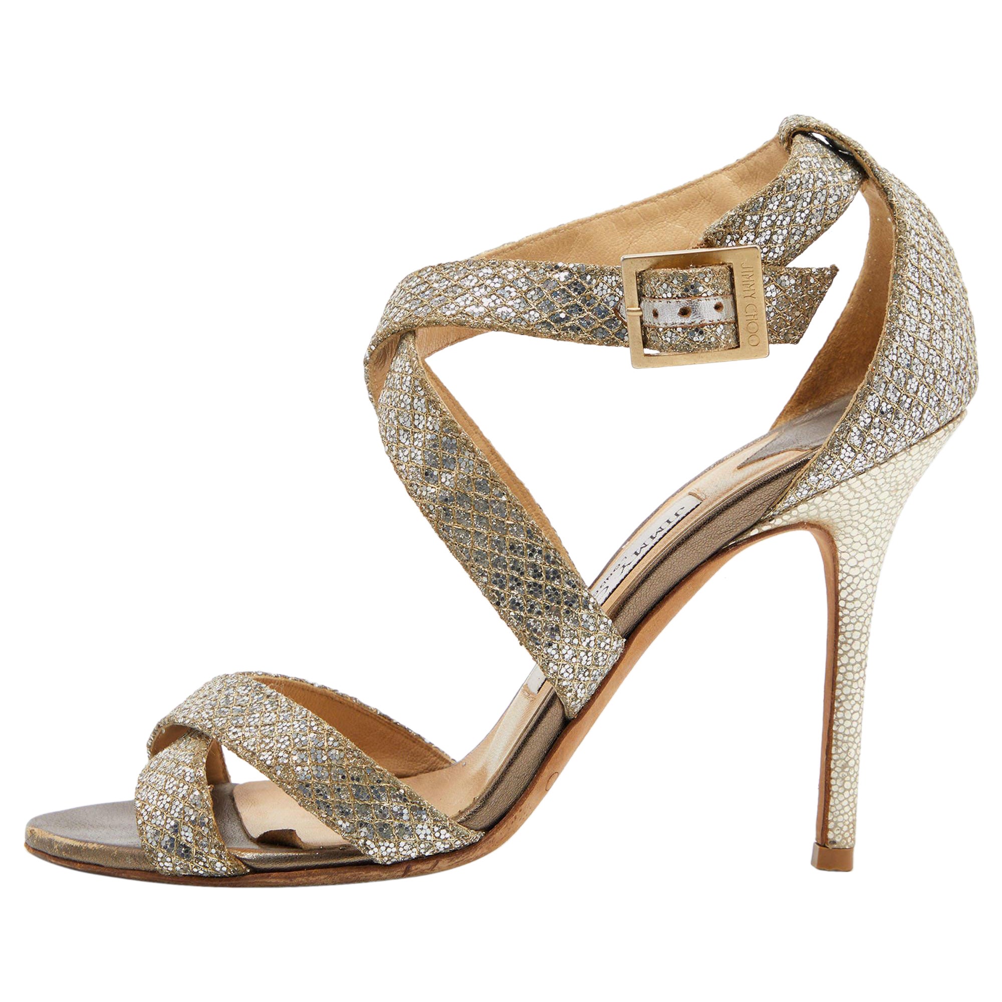 Jimmy Choo Gold Glitter Louise Strappy Sandals Size 38 For Sale