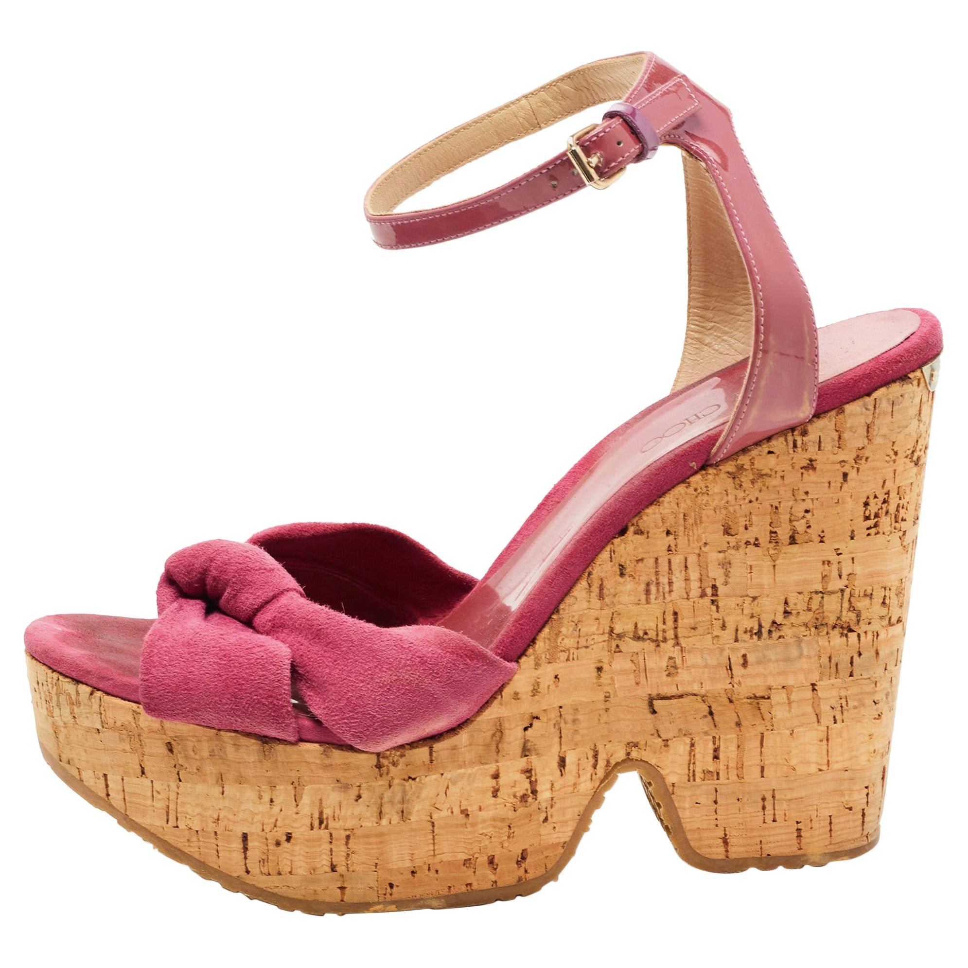 Jimmy Choo Pink Patent Leather and Suede Wedge Sandals Size 40.5