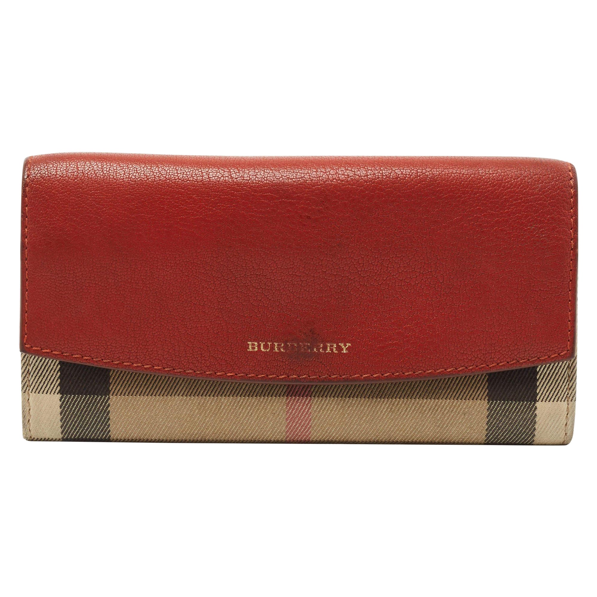 Burberry Brick Brown/Beige House Check Canvas & Leather Flap Continental Wallet For Sale