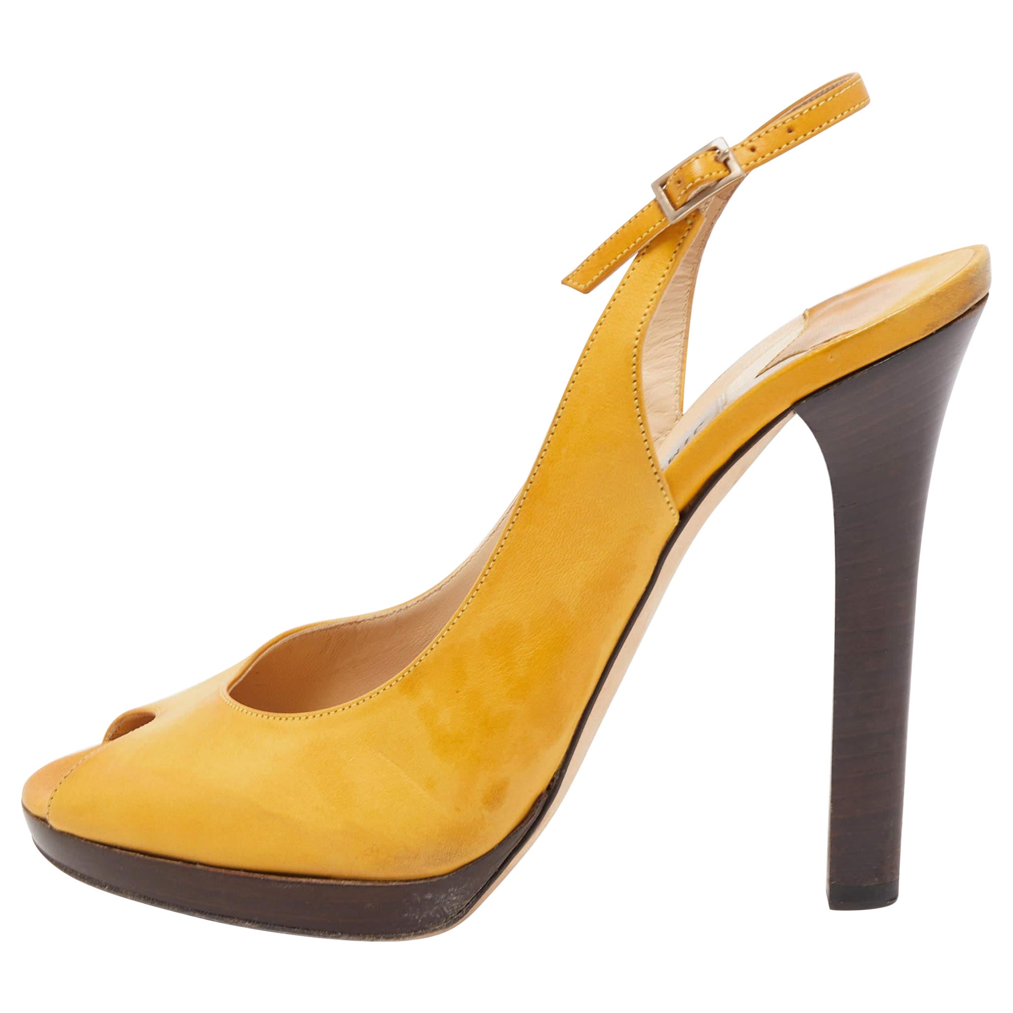 Jimmy Choo Yellow Leather Peep Toe Slingback Pumps Size 39.5 For Sale