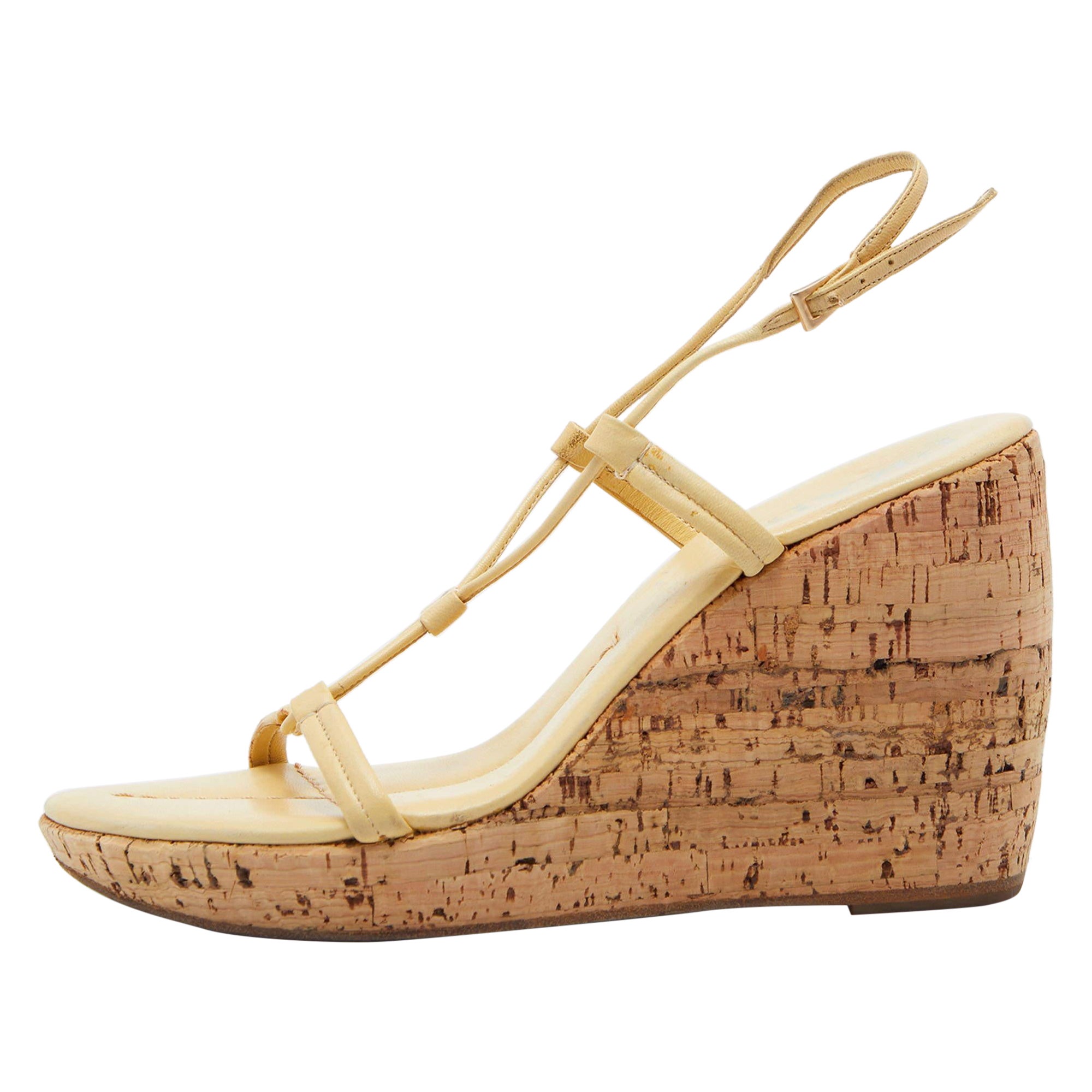 Prada Yellow Leather Ankle Strap Wedge Sandals Size 39 For Sale