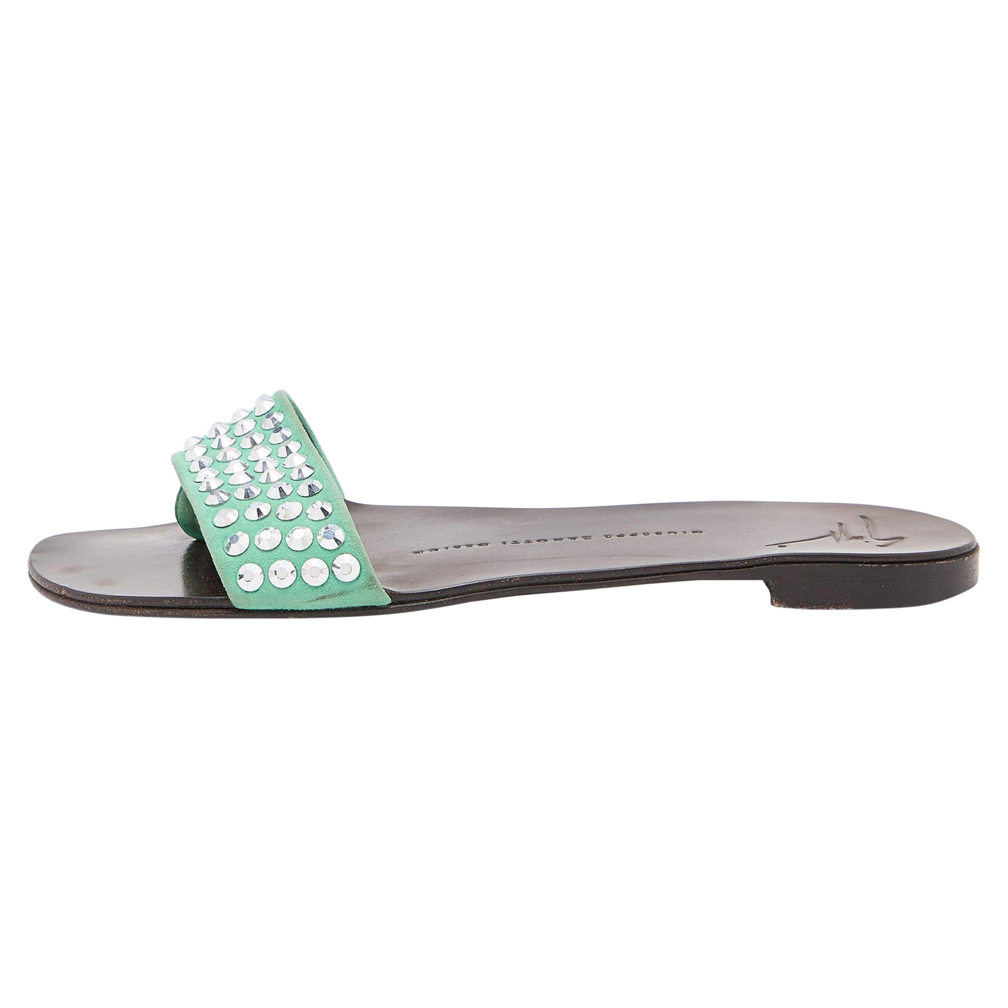 Giuseppe Zanotti Green Suede Leather Crystal Embellished Flat Slides Size 36.5 For Sale
