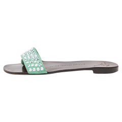 Giuseppe Zanotti Green Suede Leather Crystal Embellished Flat Slides Size 36.5