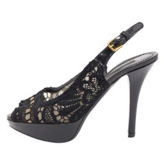 Dolce & Gabbana Black Lace Peep Toe Platform Slingback Pumps Size 37.5