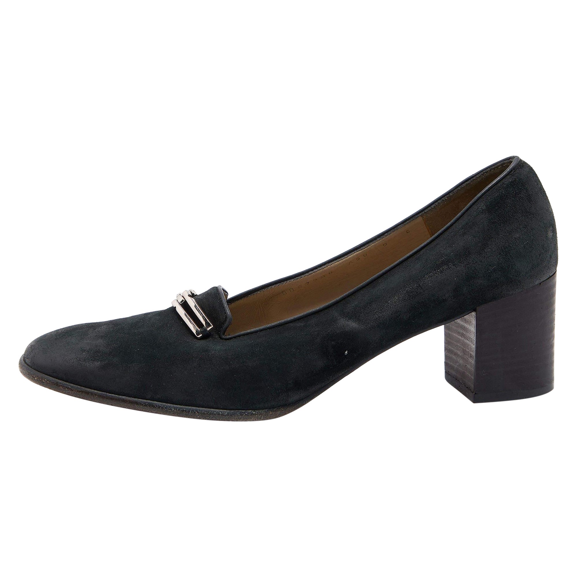 Salvatore Ferragamo Noir Cuir Nubuck Block Heel Pumps Size 39.5