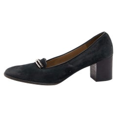 Salvatore Ferragamo Noir Cuir Nubuck Block Heel Pumps Size 39.5