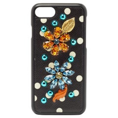 Dolce & Gabbana Schwarzes iPhone7 Etui mit Lederkristallen und Polka-Druck und Kristallenverzierung