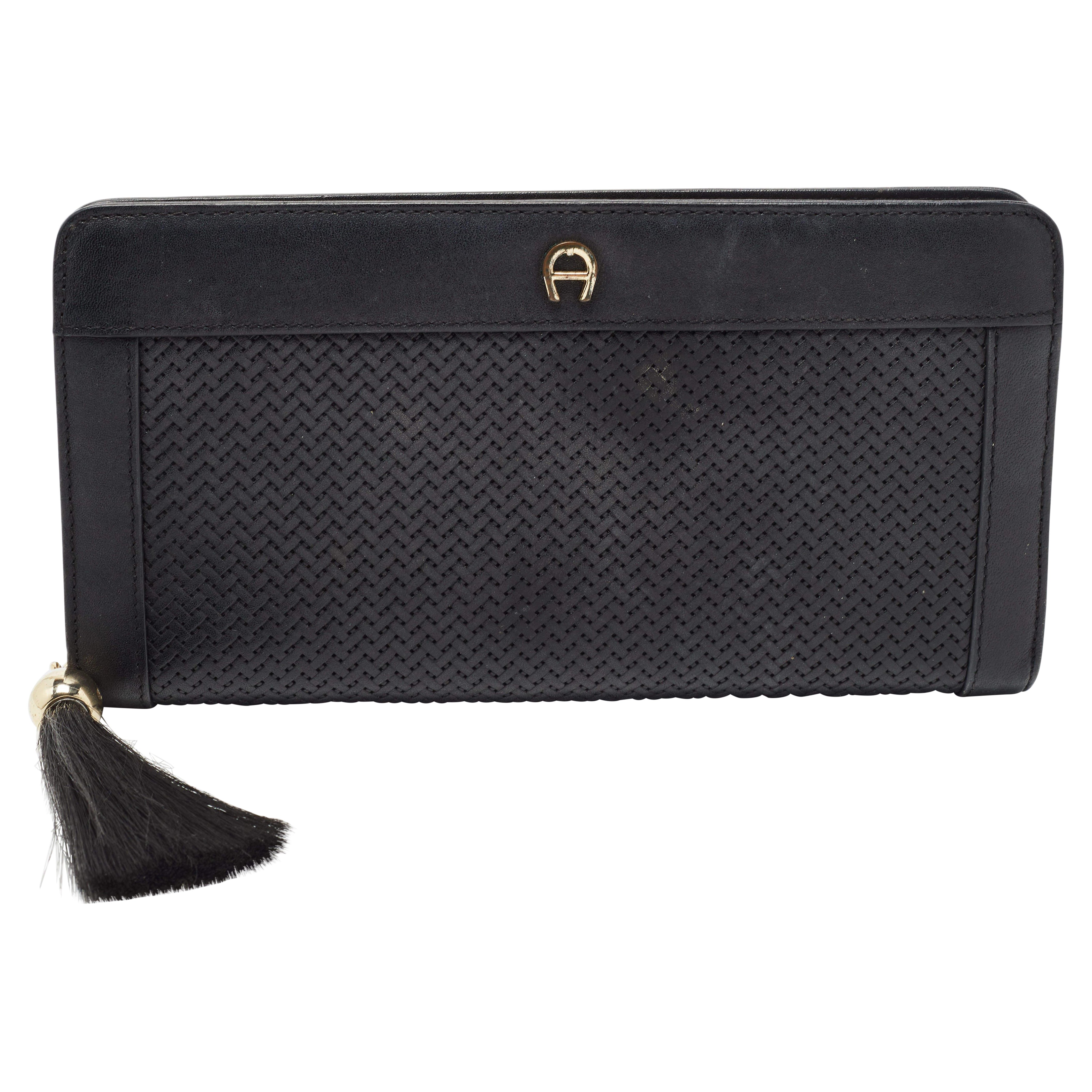 Aigner Black Woven Leather Cavallina Zip Around Continental Wallet For Sale