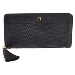 Aigner Black Woven Leather Cavallina Zip Around Continental Wallet
