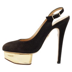 Charlotte Olympia Black Suede Dolly Platform Slingback Pumps Size 37.5