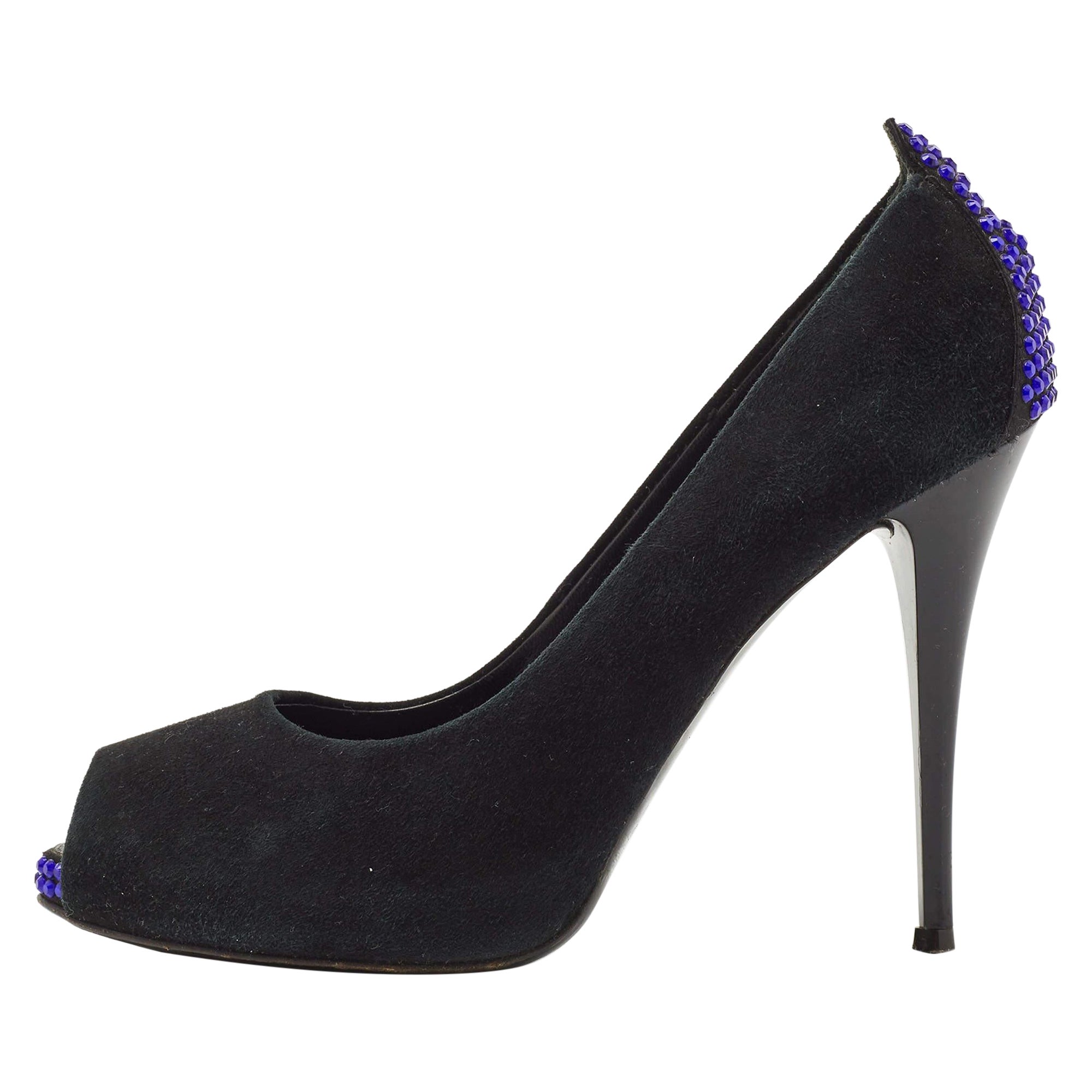 Giuseppe Zanotti Escarpins Peep Toe en daim noir avec ornements en cristal Taille 37