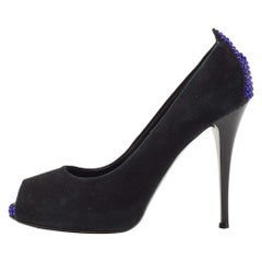 Giuseppe Zanotti Black Suede Crystal Embellished Peep Toe Pumps Size 37