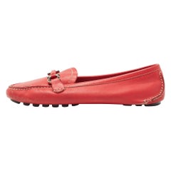 Used Salvatore Ferragamo Red Leather Gancini Slip On Loafers Size 37.5