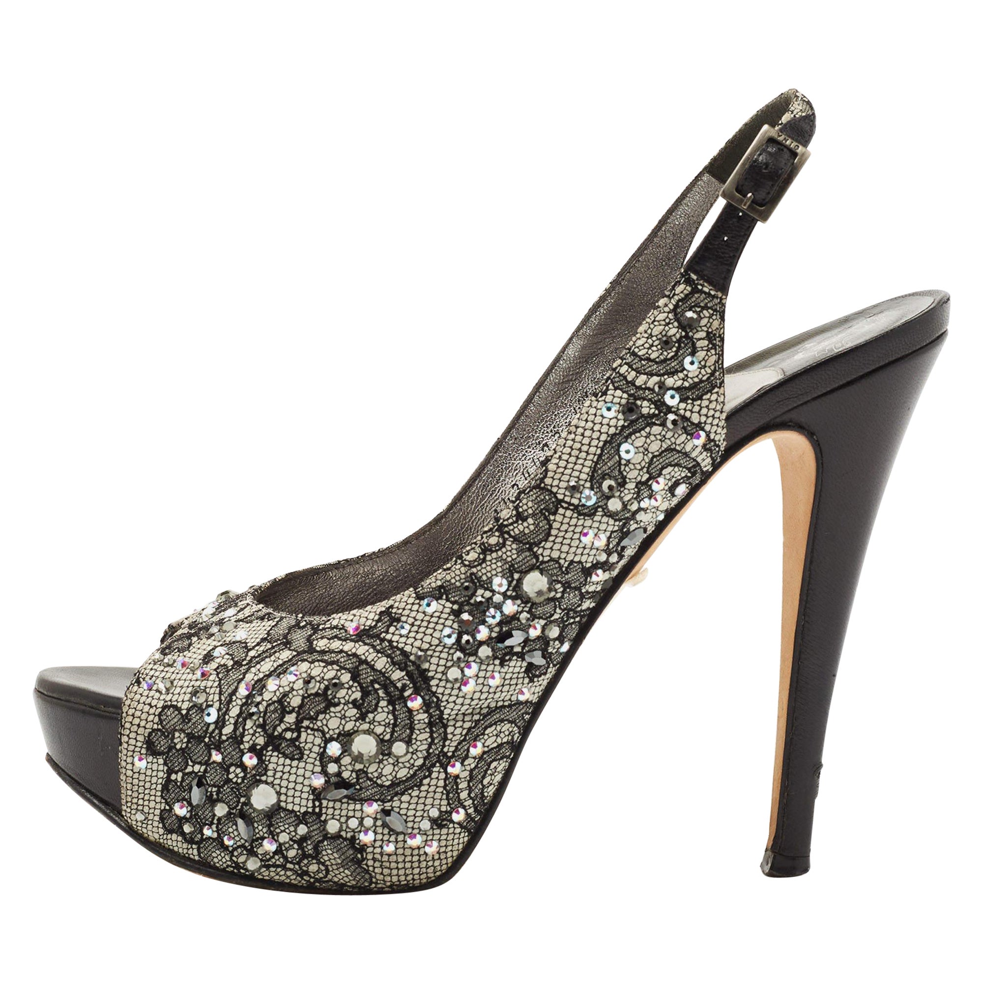 Gina Nero Pizzo Cristallo Impreziosito Peep Toe Slingback Platform Pumps Misura 37,5 in vendita
