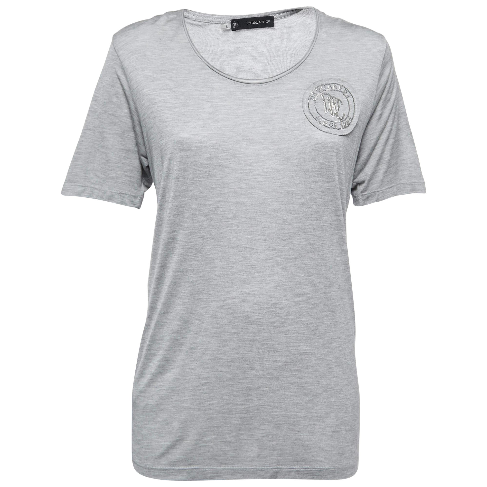 Dsquared2 Grey Modal Logo Crest Detail T-Shirt L For Sale