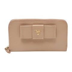 Prada Beige Saffiano Leather Bow Zip Around Wallet
