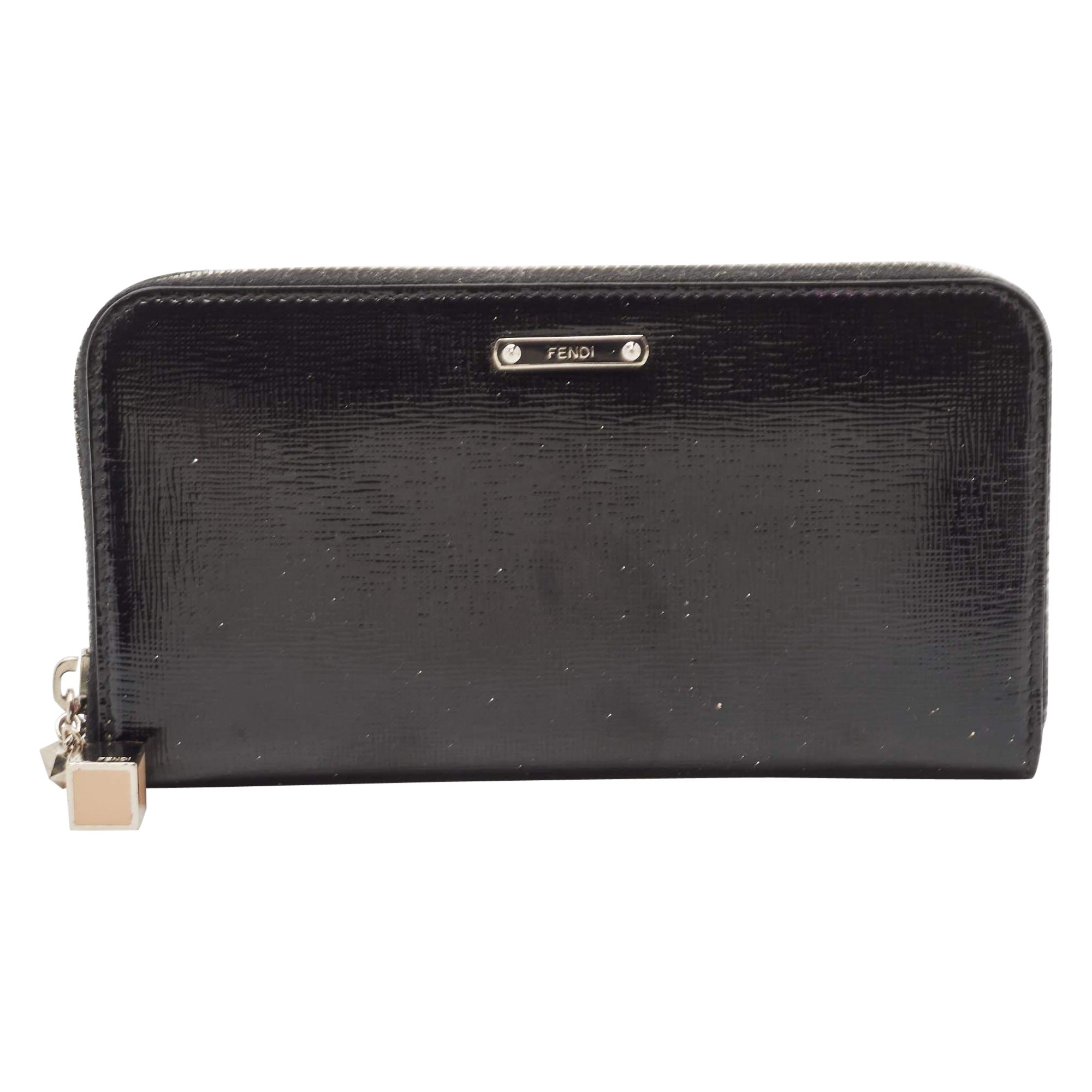 Fendi Black Patent Leather Zip Around Wallet For Sale