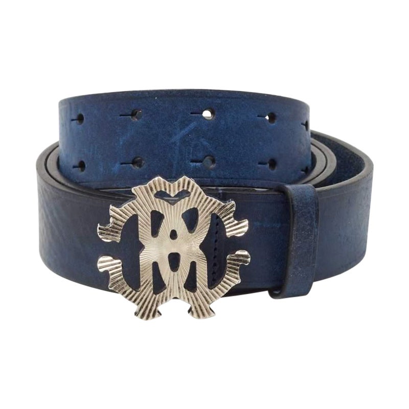 Roberto Cavalli Blue Leather Logo Buckle Belt 105 CM For Sale