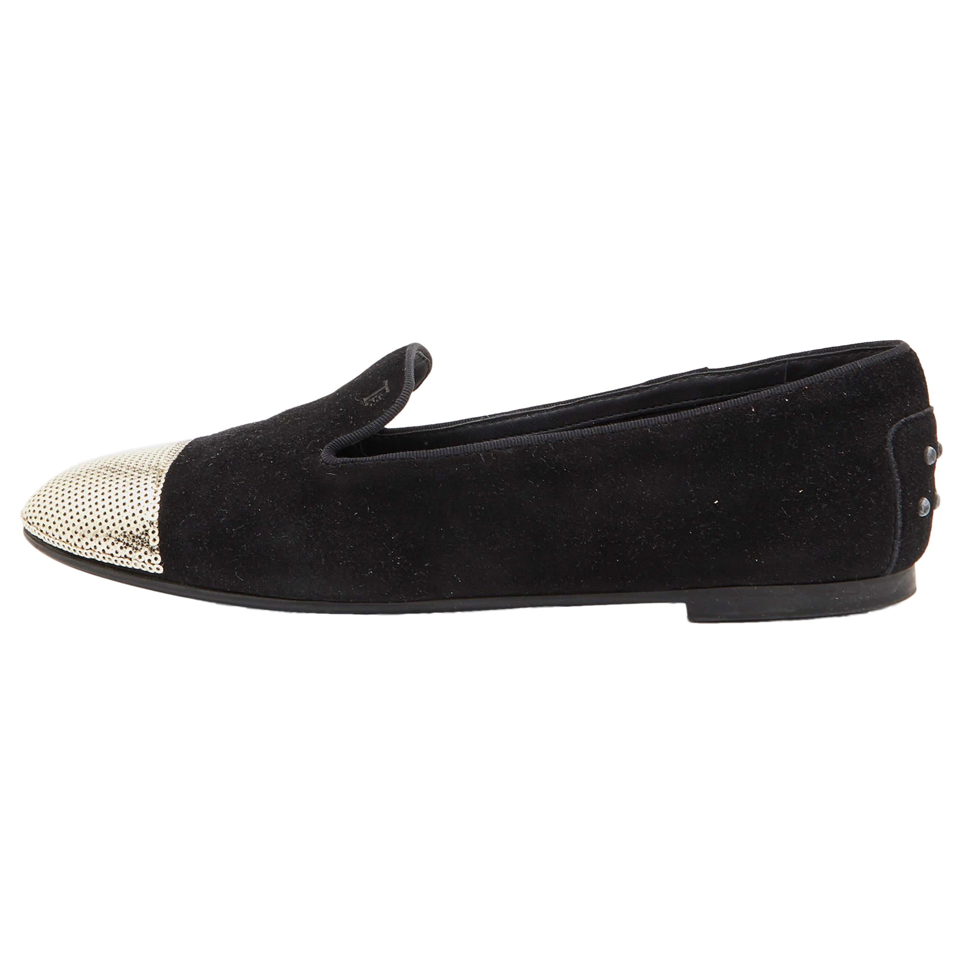 Tod's Black/Gold Suede & Sequins Embellished Slip On Smoking Slippers Size 37.5 For Sale