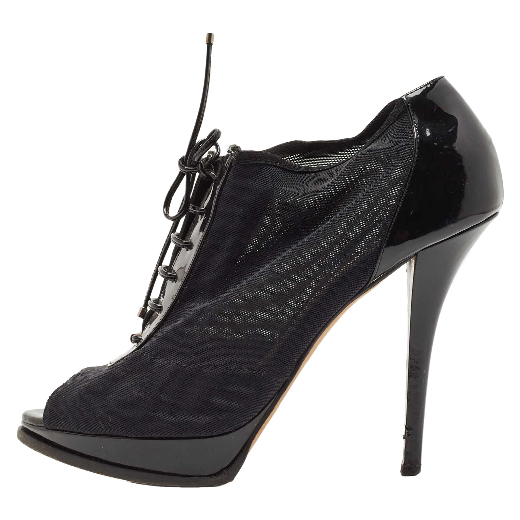 Dior Black Patent Leather and Mesh Peep Toe Lace Up Ankle Booties Size 38.5 For Sale
