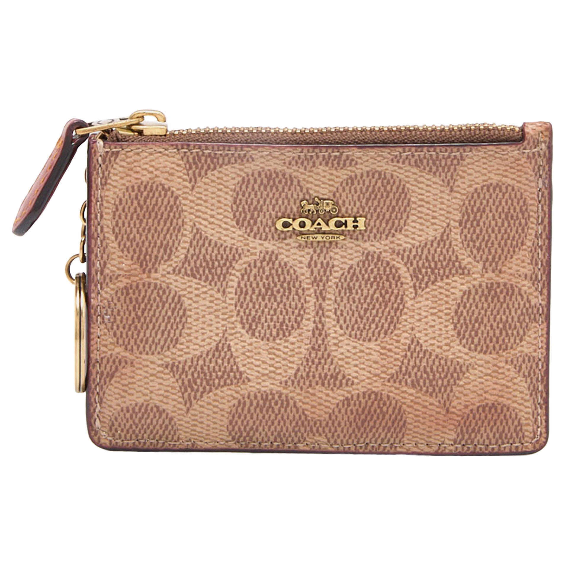 Coach Beige/Brown Signature Coated Canvas and Leather Zip Skinny ID Case For Sale