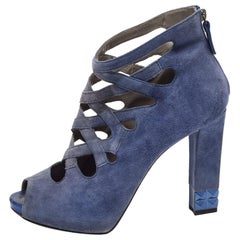 Le Silla Blue Suede Cut Out  Peep Toe Platform Ankle Boots Size 38.5