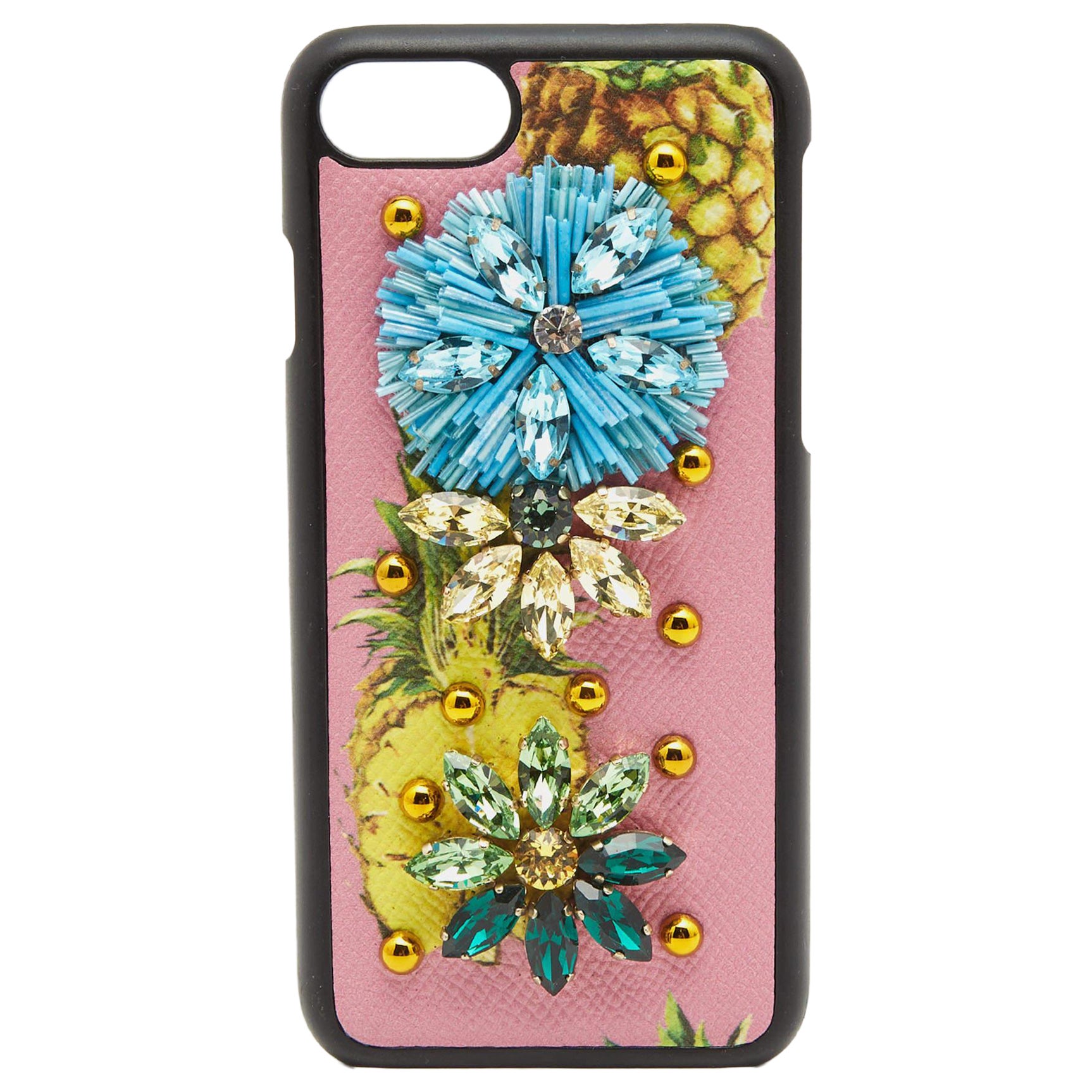 Dolce & Gabbana Pink Fruit Print Leather Crystals Embellished iPhone 7 Cover