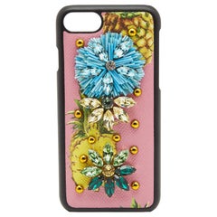 Dolce & Gabbana Pink Fruit Print Leather Crystals Embellished iPhone 7 Cover
