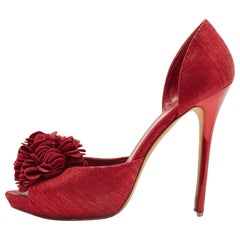 Alexander McQueen Red Laminated Suede Floral Applique D'orsay Pumps Size 38.5