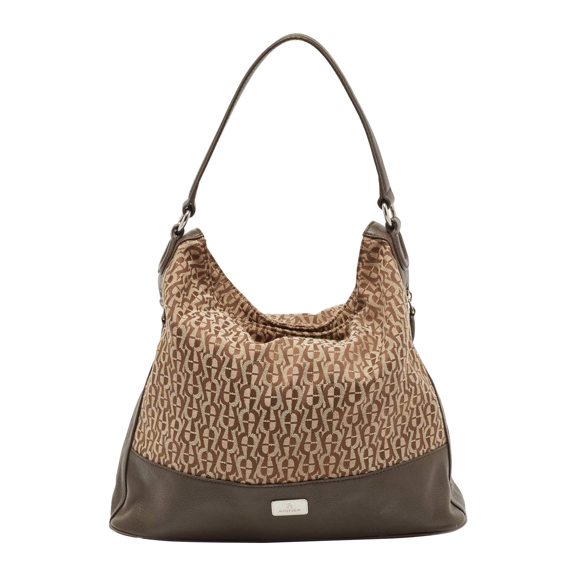 Aigner Beige/Brown Monogram Canvas and Leather Side Zip Hobo For Sale