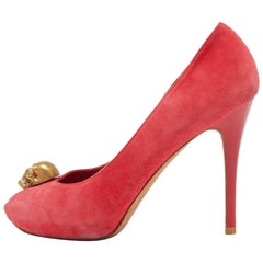 Alexander McQueen Red Suede Skull Peep Toe Pumps Size 37