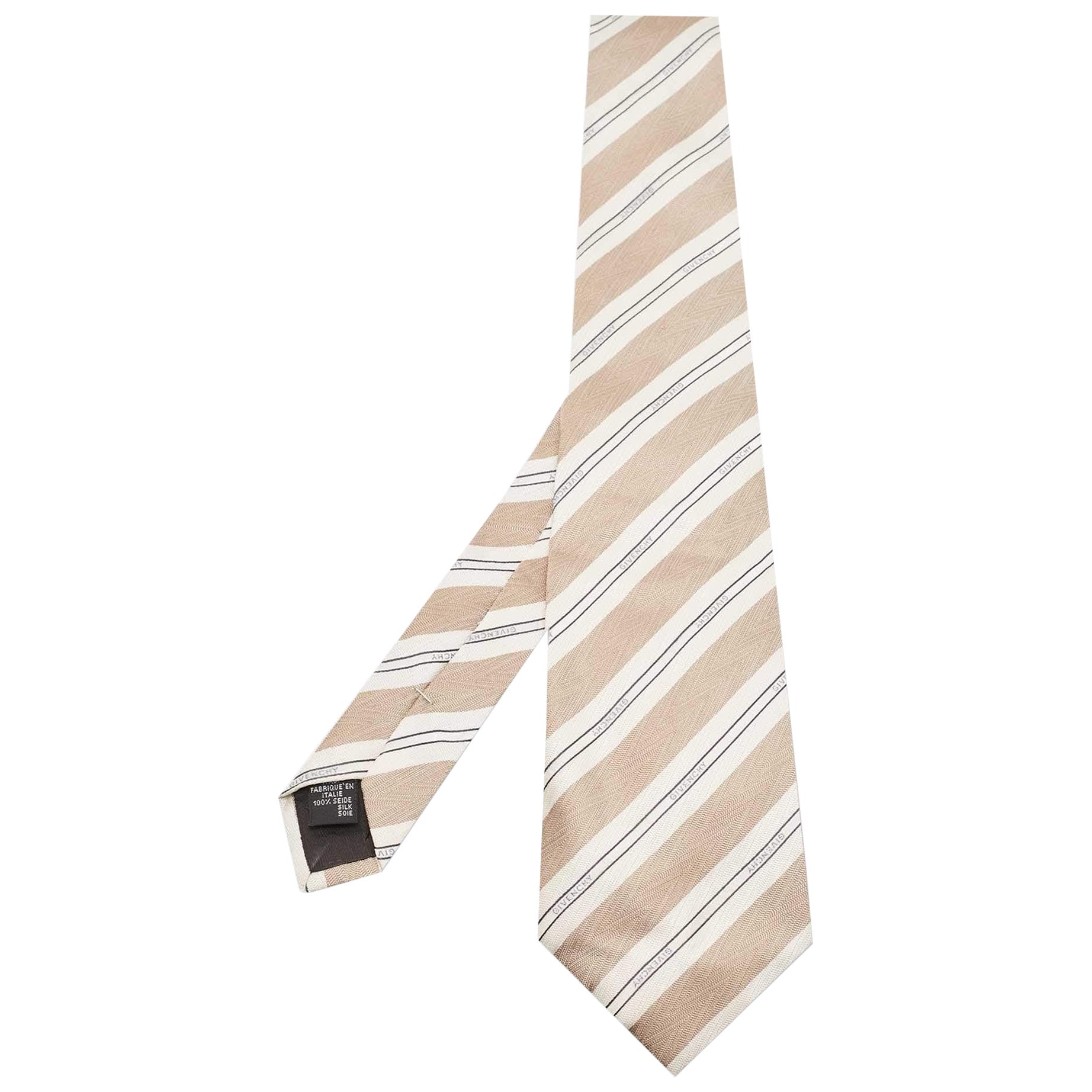 Givenchy Beige Logo Diagonal Striped Silk Tie For Sale